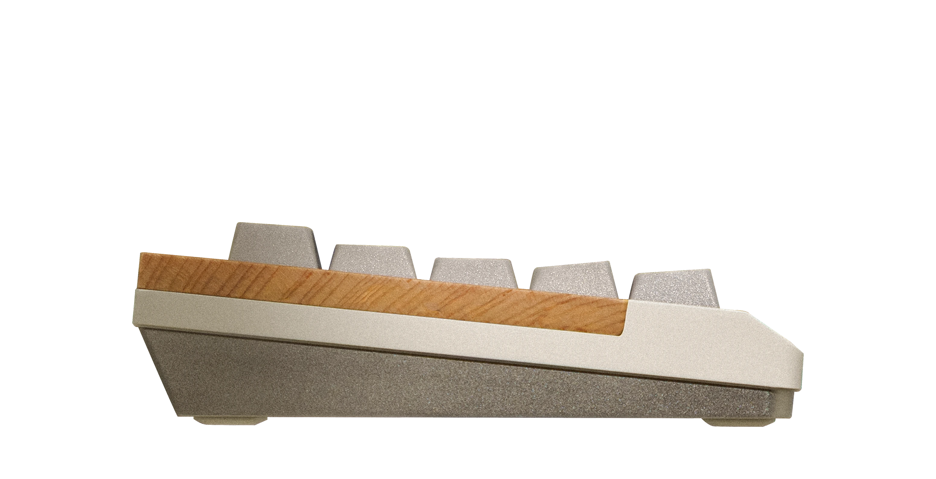 Mode Encore 65% mechanical keyboard side view showing contrasting wood and aluminum materials